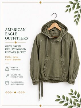 American Eagle Olive Green Utility Hooded Popover Jacket Cargo XS